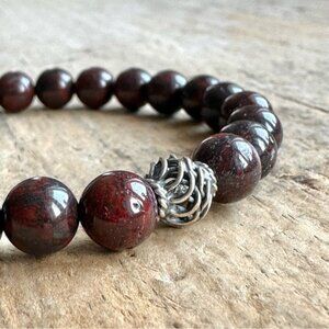 Burgundy Jasper Gemstone Boho Beaded Bracelet Sterling Silver Accent  - 8mm Bead